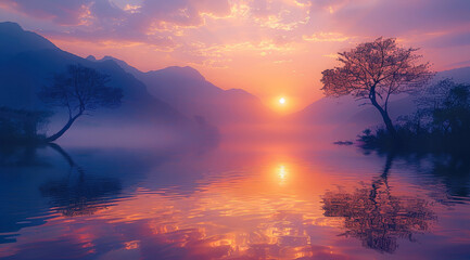 Obraz premium Background of distant mountains and a tranquil lake, the setting sun casting soft orange and purple hues across the sky, silhouettes of trees reflecting in the water.