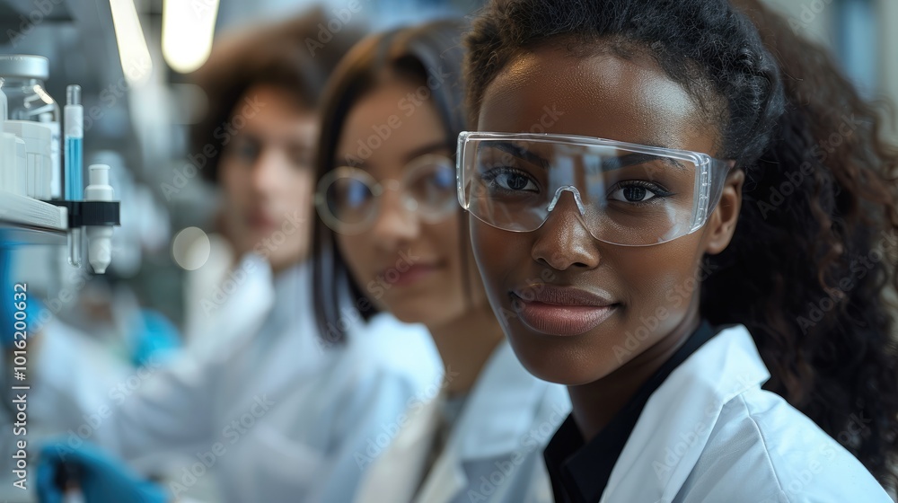 Poster Diverse group of scientists from different countries working for research, development, and testing together in a lab to develop a new medicine.
