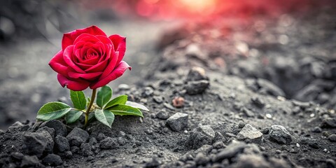 A single red rose blooms amidst a field of dark, volcanic stones, a symbol of resilience and beauty found in unexpected places.