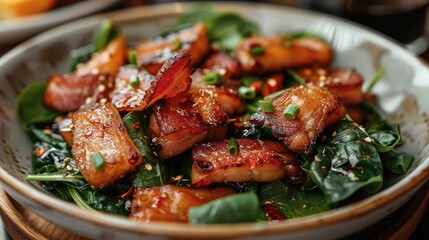 Fototapeta premium Bacon and spinach stir-fry on plate in cozy restaurant.