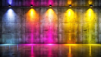 Naklejka premium A concrete wall illuminated by colorful spotlights casting beams of light creating a vibrant and dynamic atmosphere