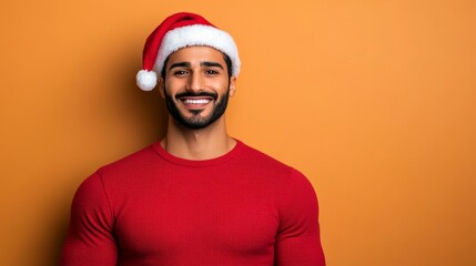 Fototapeta premium Happy Middle Eastern man in a Santa hat with snowflakes falling on a warm golden-to-red gradient background 