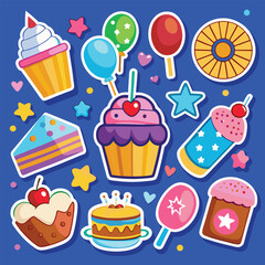birthday party set set of cupcakes set of cakes  cute party sticker set 