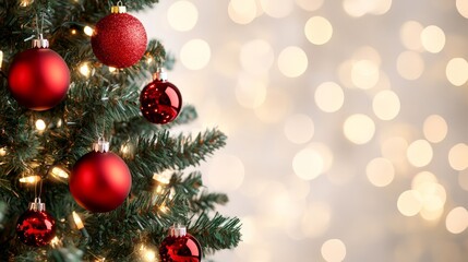 Fototapeta premium Holiday tree adorned with festive red decor and twinkling lights, bokeh sparkle lighting up a beige canvas background 