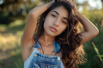 Fototapeta premium A woman with long brown hair is wearing a denim overalls