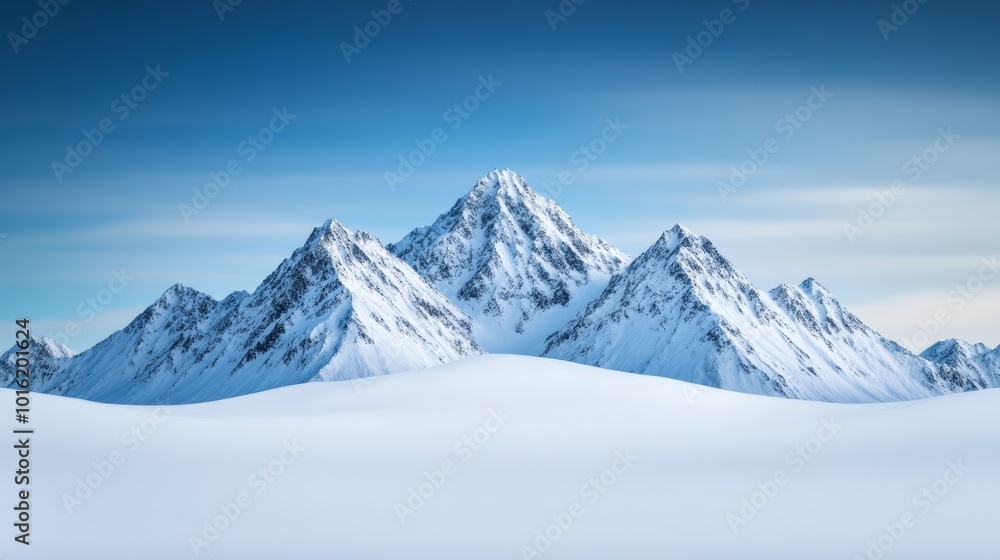 Sticker Jagged snow-capped mountains rising from a tranquil snowy valley under a soft pastel-colored winter sky 