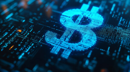 A close-up of a creative blue binary code hologram with a dollar sign outline, set against a blurry workplace background. This double exposure image represents the concept of digital money and cryptoc