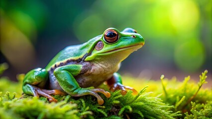 Fototapeta premium A Vibrant Green Frog Perched Among Lush Greenery, Its Large, Mesmerizing Eyes Gazing Intently into the Distance