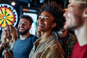 Fototapeta premium A group of cheerful friends having a fun night out, enjoying laughter and camaraderie while playing a game of darts at an entertainment venue.