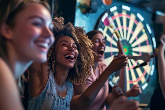 A lively group of friends cheering enthusiastically and celebrating together during a fun, competitive game at a bustling pub setting.