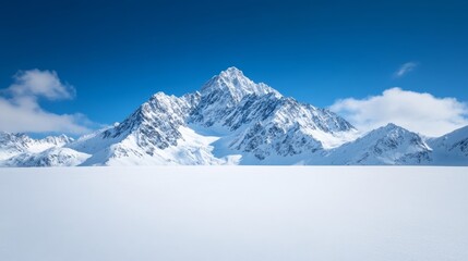 Obraz premium Majestic snow-capped mountain ridge under a deep blue sky with vast untouched snowfields in the foreground 