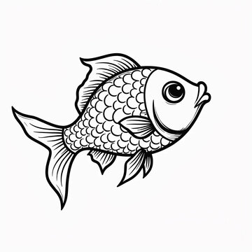 recommend clip art: Black and white line drawing of a fish with large scales and flowing fins.