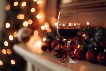 A red wine glass is elegantly placed as part of a holiday decor setting, with glowing lights creating a bokeh effect that enhances the warm and festive ambiance.