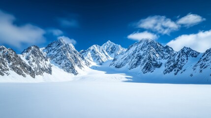 Massive snow-covered mountain range with mist rising from a frozen valley under a pale winter sun 