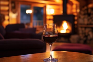 A glass of red wine sits elegantly on a table in a warm lodge, with a roaring fireplace providing a cozy atmosphere in the background.