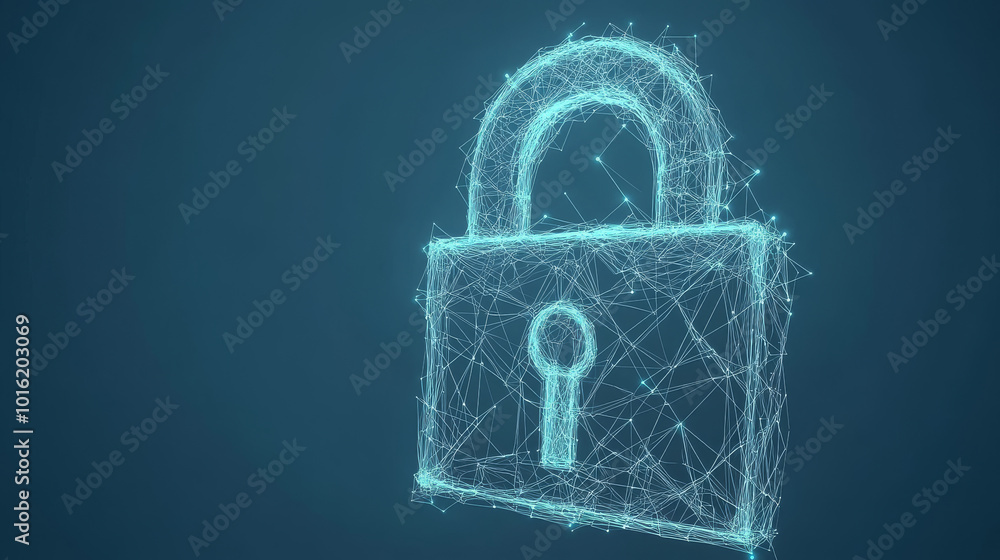 Poster a low-poly wireframe of a lock symbol, representing digital data protection. this polygonal network 