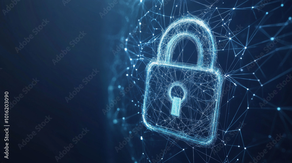 Poster a low-poly wireframe of a lock symbol, representing digital data protection. this polygonal network 