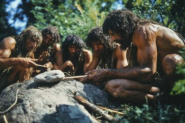 Cavemen actively engage in using stones and sticks to make tools, a snapshot capturing the essence of early human resourcefulness, adaptation, and survival strategies.
