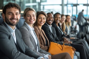 Obraz premium A group of well-dressed professionals sit in a row at an airport terminal, exuding confidence and diversity, a scene of global business connectivity and cooperation.