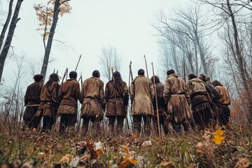 Hunters, seen from behind, stand in a row holding spears in a woodland area, wearing traditional garments, suggestive of preparation and unity.