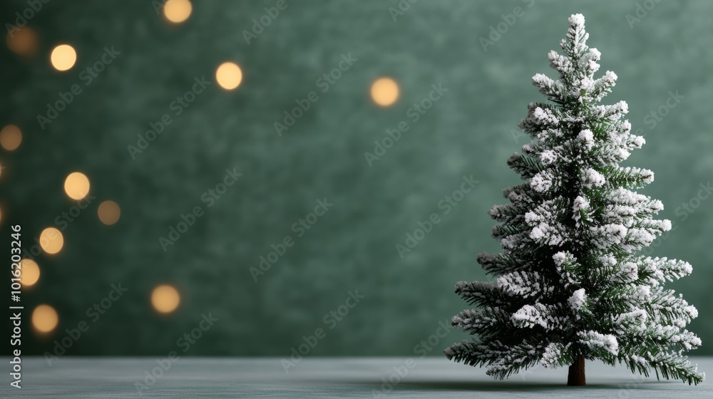 Aufkleber minimalist christmas tree with snow-dusted branches in front of a canvas backdrop, soft bokeh lights