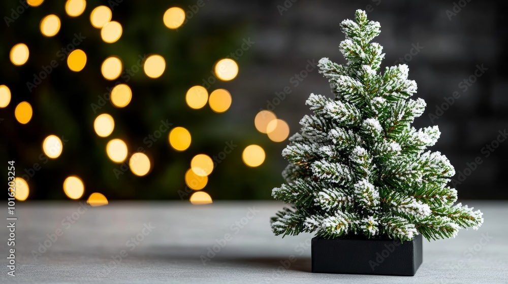 Aufkleber minimalist christmas tree with snow-dusted branches in front of a canvas backdrop, soft bokeh lights