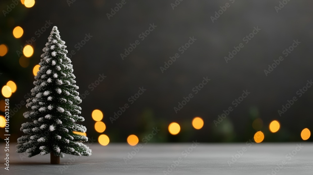 Poster minimalist christmas tree with snow-dusted branches in front of a canvas backdrop, soft bokeh lights