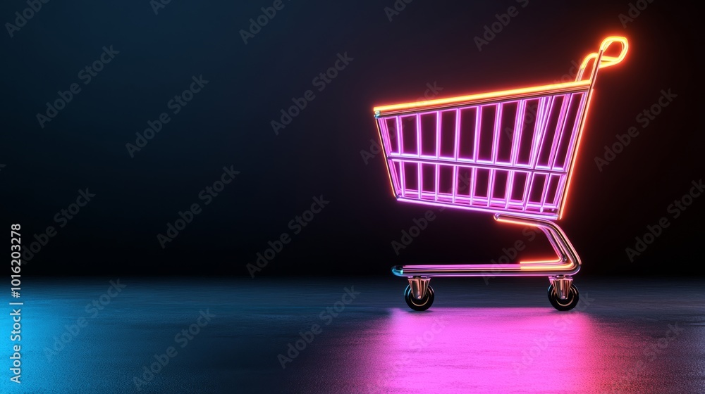 Poster minimalist digital shopping cart with glowing neon lines and binary code on a black background for c