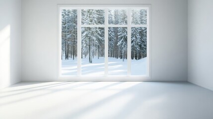Minimalist cottage window framing a calm, snowy forest, sunlight filtering through the snow-covered trees, shadows stretching across the white expanse 