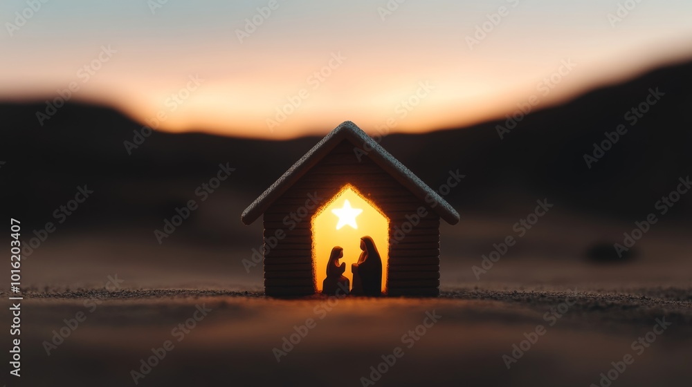 Sticker Minimalist nativity scene with the Holy Family under a glowing star, surrounded by soft light and simple surroundings 