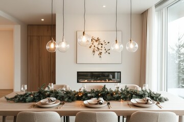 A modern dining room with a long table adorned with festive greenery and elegant lighting, creating a warm and inviting atmosphere perfect for holiday gatherings and celebrations.