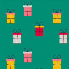 Christmas gift boxes seamless pattern. New Year gifts seamless pattern. Hand drawn texture for fabric, packaging, textiles, wallpaper, clothing