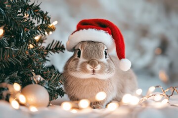 A white rabbit with a Santa hat sits next to a decorated Christmas tree surrounded by glowing lights, highlighting a magical and festive winter vibe.