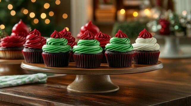 Holiday-Themed Cupcakes Displayed on Wooden Stand