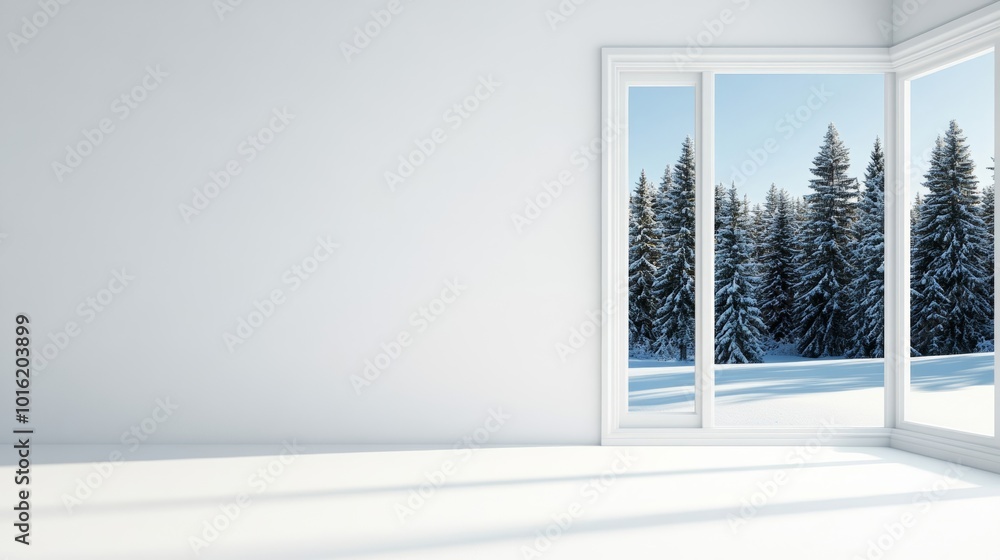 Poster Modern cottage window showcasing a quiet, sunlit forest blanketed in snow, soft sunlight glowing through frosty trees, isolated on a white background 