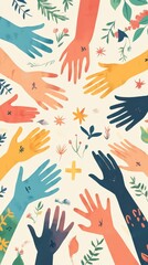 Diverse hands reach out, decorated with flowers and patterns, symbolizing harmony and unity
