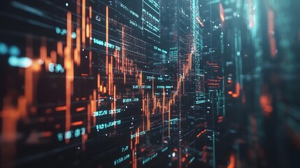 Fototapeta premium 3D Holographic Stock Chart Dashboard with Transparent Data and Floating Graphs in Sharp Focus - Highly Detailed Techcore Financial Visualization