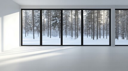 Modern cottage window showcasing a quiet, sunlit forest blanketed in snow, soft sunlight glowing...