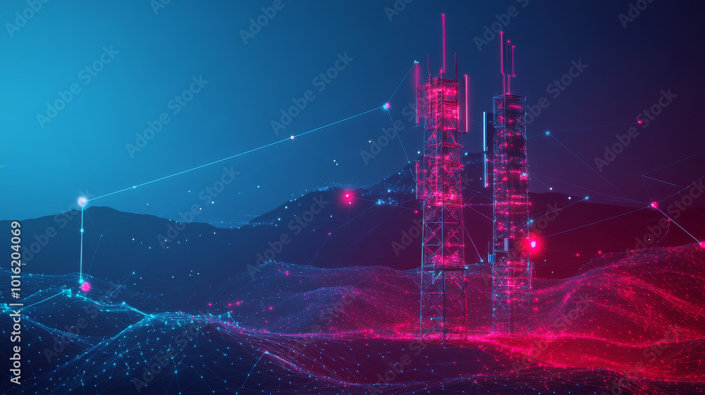 Poster a 3d base station receiver depicted as a telecommunication tower with a 5g polygonal hud display, sh