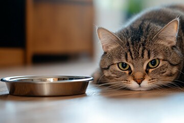 A cute domesticated feline lays beside an empty bowl, gazing towards the observer, capturing a moment of expectation and longing, wrapped in homely warmth.