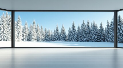 Modern floor-to-ceiling cottage window with crisp edges, framing a sunny winter forest, snow-covered pine trees glowing softly under clear blue sky 