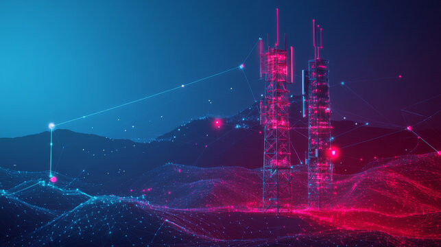 A 3D base station receiver depicted as a telecommunication tower with a 5G polygonal HUD display, showcasing global connection information and serving as a transmitter. This vector illustration featur