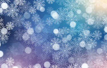 Abstract winter background, snowflakes wallpaper. Many snowflakes and bokeh, falling from the sky.