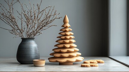 Creative minimalist Christmas tree made from latte art displayed on a stylish cafe counter in winter