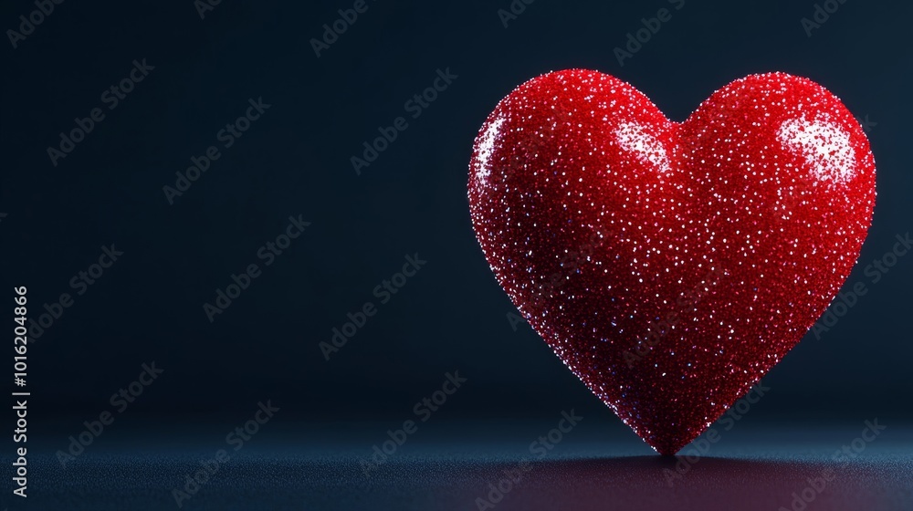 Poster pixelated heart made of glowing digital fragments on a futuristic black-to-crimson gradient backgrou