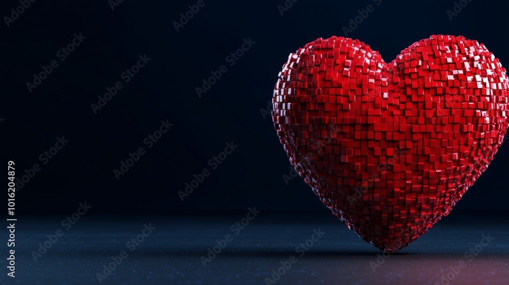 Poster pixelated heart made of glowing digital fragments on a futuristic black-to-crimson gradient backgrou