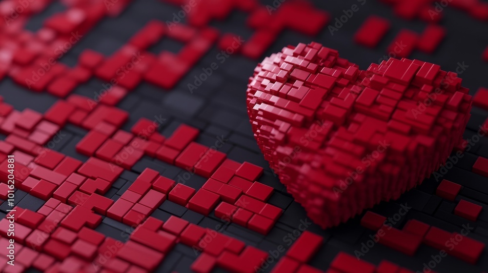 Poster pixelated heart made of glowing digital fragments on a futuristic black-to-crimson gradient backgrou