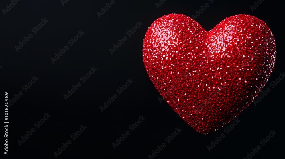 Poster pixelated heart made of glowing digital fragments on a futuristic black-to-crimson gradient backgrou