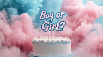 Gender reveal cake with "Boy or Girl?" topper and pink-blue clouds