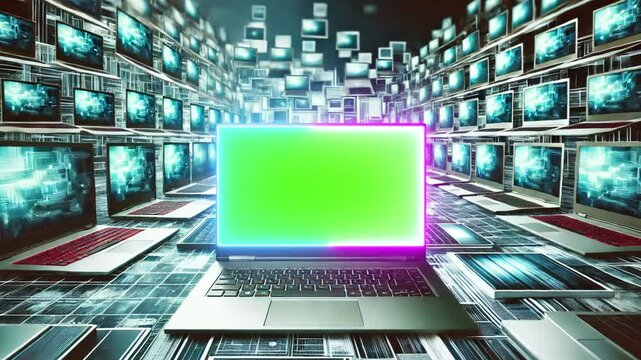 Laptop with green screen and neon beam on notebooks background
